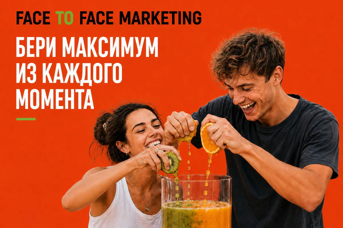 Постер F2F Marketing: пара выжимает цитрусы в стакан блендера, слоган «Бери максимум из каждого момента».