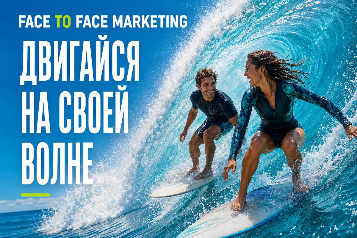 Постер F2F Marketing: двое сёрфингистов на волне, слоган «Двигайся на своей волне».
